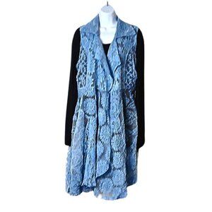 Vintage Y2K Womens Duster Vest Size L Floral Leaf Lace Overlay Sheer Mesh Blue